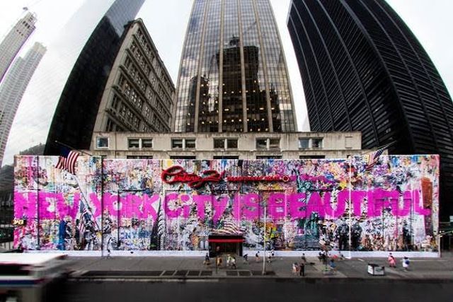 The mural, located on a Century 21 store across from the 9/11 Memorial, notes that NYC is beautiful.